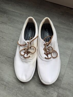 Sperry White Canvas Boat Shoes with Brown Laces